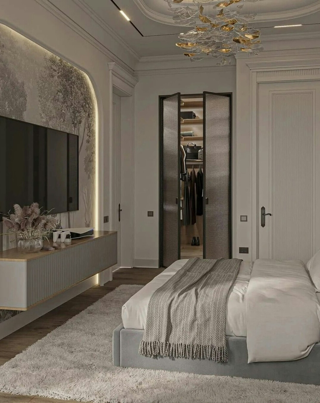 luxury bedroom with chandelier